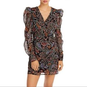 Aqua Black Paisley Puff Sleeve V-neck Above Knee Dress Women’s Large